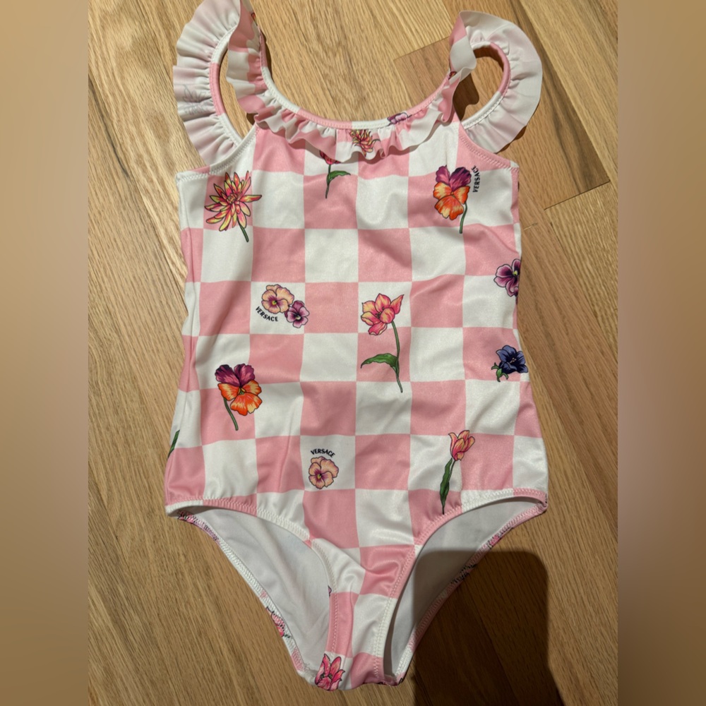 Versace Pink & White Checkerboard Floral One-Piece